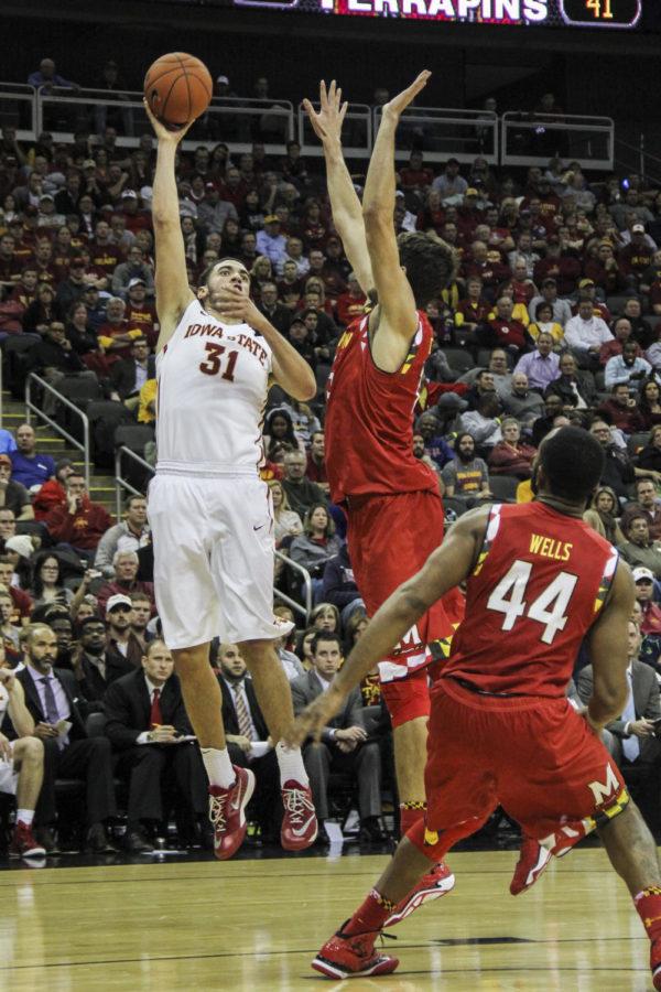 Junior forward Georges Niang attempts a 3-pointer during the CBE Hall of Fame Classic Championship against Maryland on Nov. 25 at the Sprint Center in Kansas City, Mo. The Cyclones couldnt rally against the Terrapins and fell 72-63. Niang had 10 points for the Cyclones.