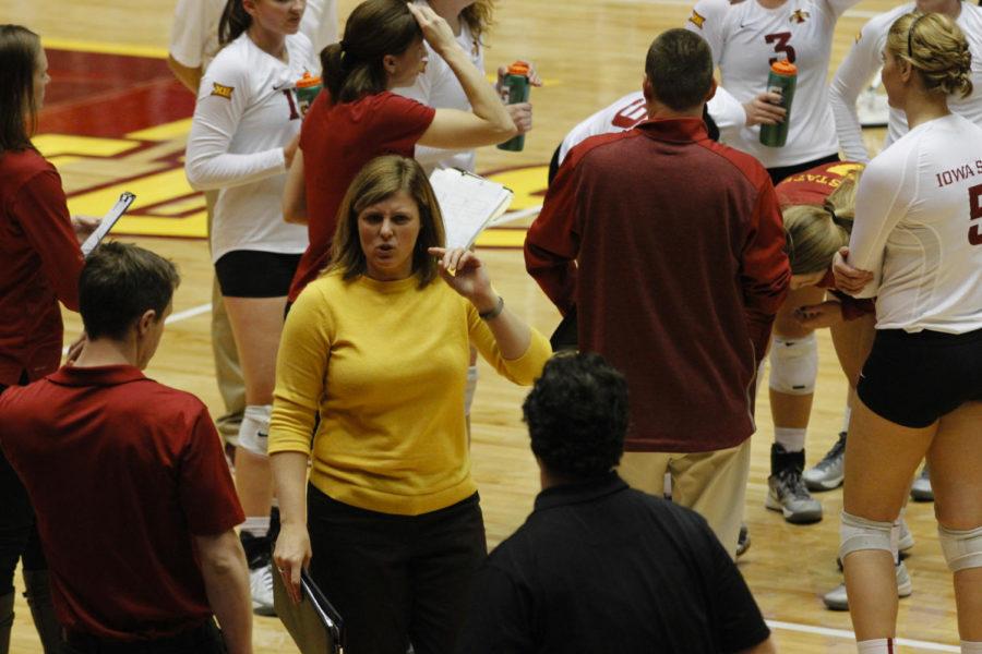 Christy Johnson-Lynch, ISU volleyball head coach, discusses a call made during the game between Iowa State and Oklahoma on Oct. 12.