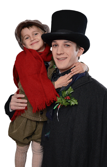 Scrooge and Tiny Tim hug with excitement for Christmas.