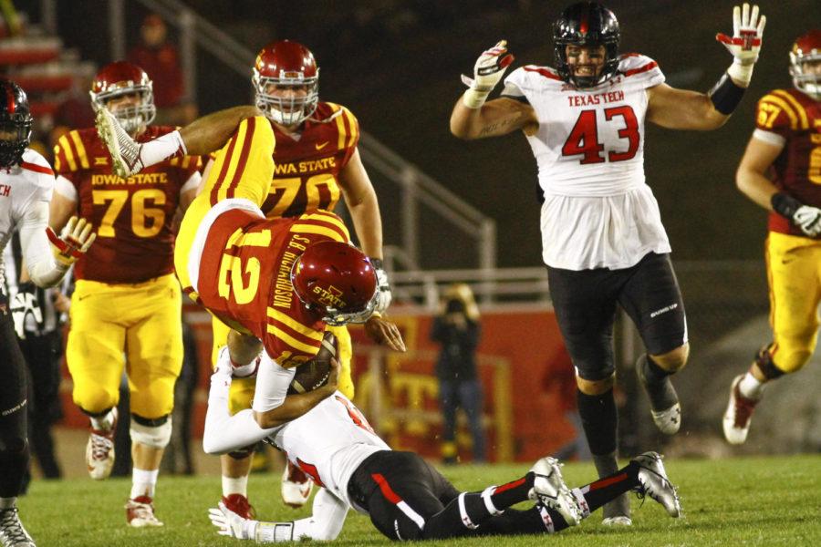 Redshirt junior quarterback Sam Richardson is taken down after running the ball against Texas Tech on Nov. 22 at Jack Trice Stadium. The Cyclones fell to the Red Raiders 34-31.