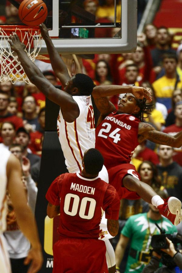 Senior forward Daniel Edozie shoots a layup against Arkansas on Dec. 4 at Hilton Coliseum. The Cyclones beat the Razorbacks 95-77.