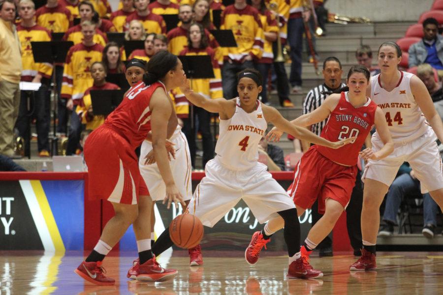 Senior guard Nikki Moody guards a Stony Brook player during their match up Dec. 7. The Cyclones defeated the Seawolves with a final score of 74-64.