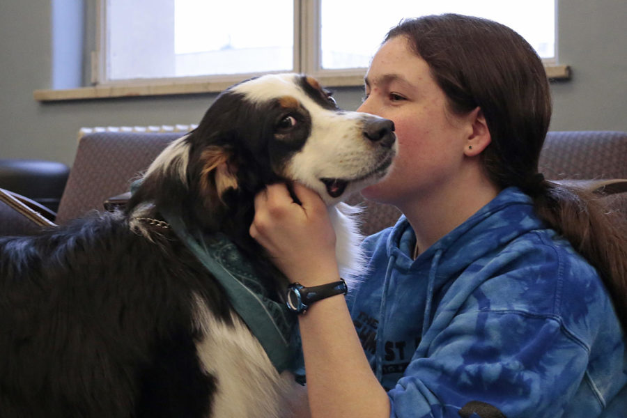 Erin Lewis, freshman in animal science, gives Ty a kiss during a comfort dog session on April 29, 2014, at Parks Library. The comfort dogs are meant to give students a break from studying to cuddle and play with dogs.