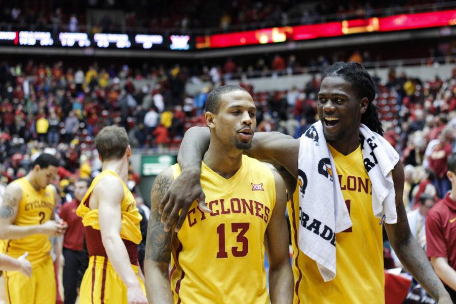Redshirt junior Jameel McKay puts his arm around senior Bryce Dejean-Jones as they walk off the court after the game against Mississippi Valley State on Dec. 31. The 83-33 win was Fred Hoibergs 100th win as coach of the Cyclones.