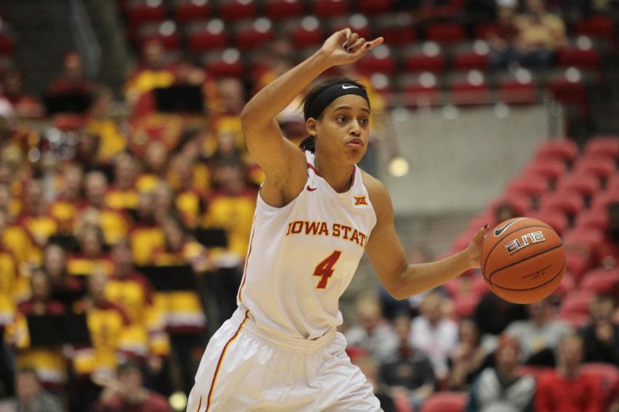 Senior guard Nikki Moody calls the formation during the matchup with the Stony Brook Seawolves on Dec. 7. Moody had 24 points and seven assists, helping the Cyclones to a 74-64 victory over the Seawolves.