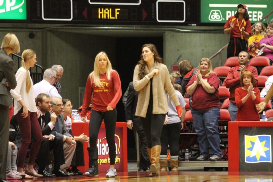 Sophomore guard Jadda Buckley and freshman forward Claire Ricketts walk out together from the locker room. Buckley had a foot injury and Ricketts had a wrist injury as Iowa State defeated Arkansas Pine-Bluff 82-56 Dec. 14.