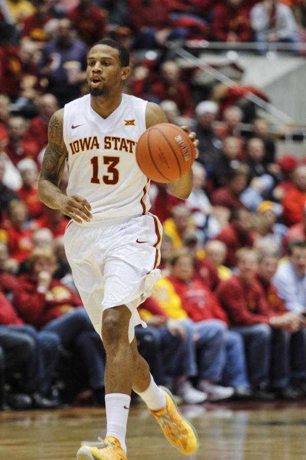 Senior guard Bryce Dejean-Jones runs the ball down the court during the game against Georgia State on Nov. 17 in Hilton Coliseum. The Cyclones defeated the Panthers 81-58.