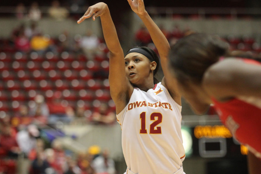 Sophomore guard Seanna Johnson shoots a free throw against the Stony Brook Seawolves on Dec. 7. Johnson had 19 points with two assists, helping Iowa State to a 74-64 victory over the Seawolves.