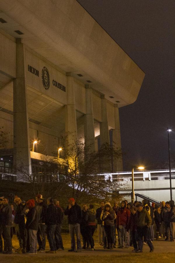 Students line-up outside of Hilton Coliseum to wait for the Dec. 4 game against the Arkansas Razorbacks.