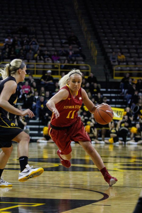 Sophomore guard Jadda Buckley goes up for a basket against Iowa on Dec. 11 at the Carver-Hawkeye Arena in Iowa City. The Cyclones fell to the Hawkeyes 76-67.