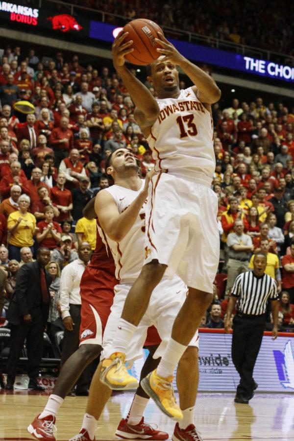Senior+forward+Bryce+Dejean-Jones+gets+a+defensive+board+against+Arkansas+on+Dec.+4+at+Hilton+Coliseum.+The+Cyclones+defeated+the+Razorbacks+95-77+on+Dec.+4+at+Hilton+Coliseum.+Dejean-Jones+had+six+defensive+rebounds+in+addition+to+leading+the+Cyclones+in+scoring+with+27+points.