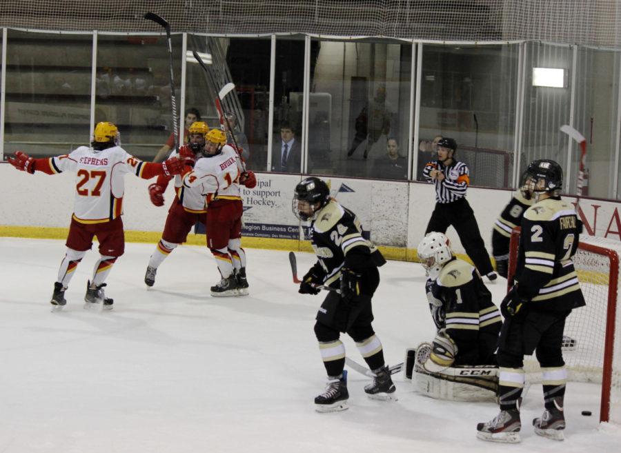 The team celebrates after scoring a goal against Lindenwood. Iowa State hockey suffered a 3-2 defeat against Lindenwood on Oct. 17 at the ISU/Ames Ice Arena and another loss on Oct. 18 of 2-1 in overtime.