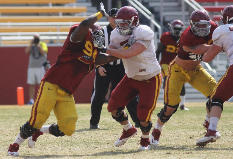ISU redshirt sophomore defensive tackle Devlyn Cousin plays in Iowa States spring game on April 12 at Jack Trice Stadium. As a redshirt freshman during the 2013 season, Cousin appeared in seven games as a reserve, including the final six games, recording six tackles and 1.5 sacks. 