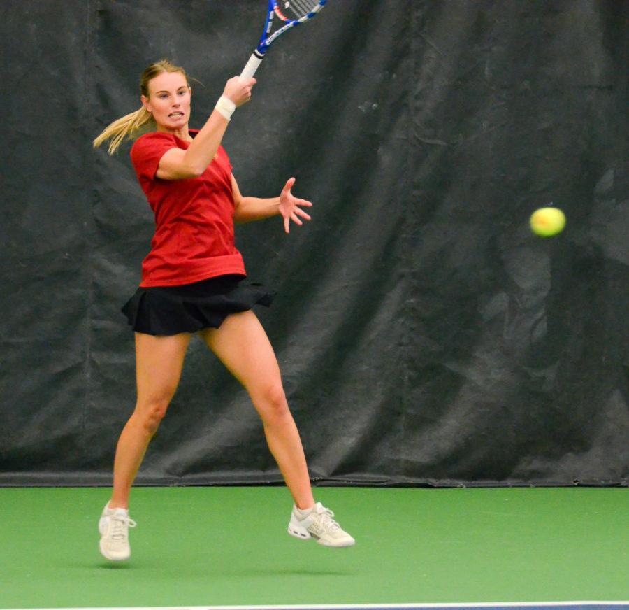 Junior+Caroline+Hauge+Andersen+returns+the+ball+during+Iowa+States+5-2+loses+to+Drake+on+Mar.7+at+Ames+Racquet+and+Fitness+Center.