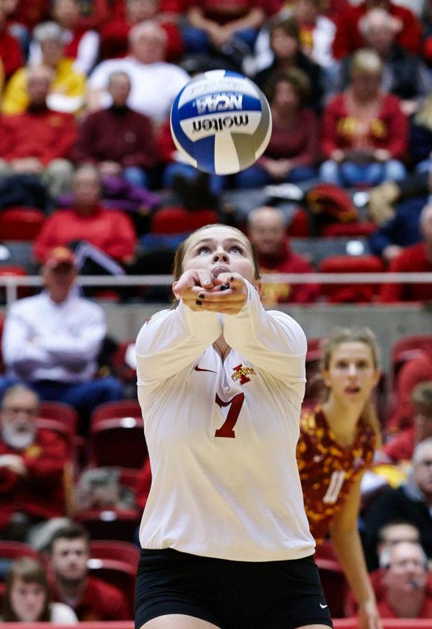 Junior libero and defensive specialist Caitlin Nolan controls a stray pass during a match against TCU on Nov. 15. Iowa State won the match 3-2 after five close sets.