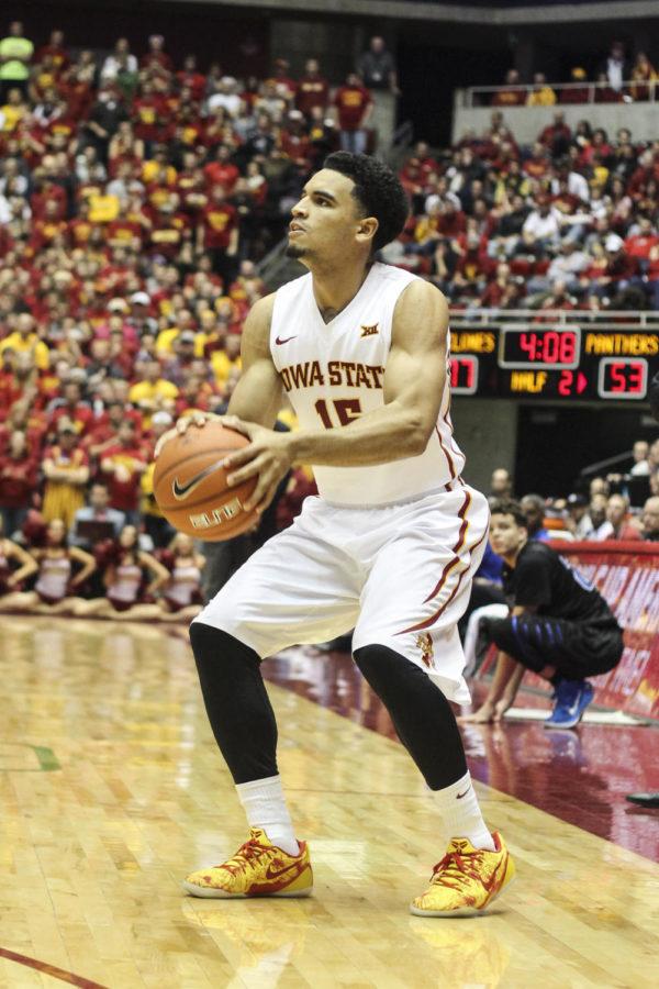 Junior guard Naz Long lines up for a 3-pointer during the game against Georiga State on Nov. 17 in Hilton Coliseum. The Cyclones defeated the Panthers 81-58. Long had 17 points for the Cyclones.