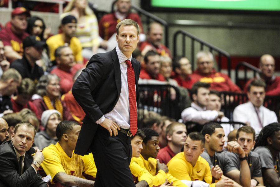 ISU mens basketball coach Fred Hoiberg looks down the court during the game against Georgia State on Nov. 17 in Hilton Coliseum. The Cyclones defeated the Panthers 81-58.