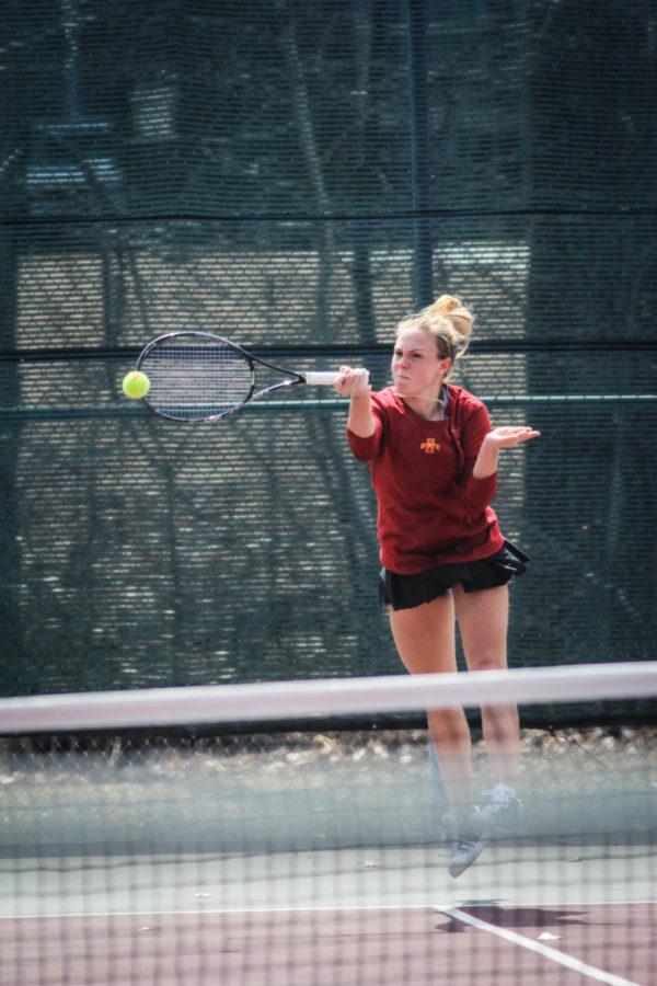 Junior Ksenia Pronina returns a backhand from her Texas Tech opponent in her fourth game of her second set at the Cyclones womens tennis meet on March 30. 