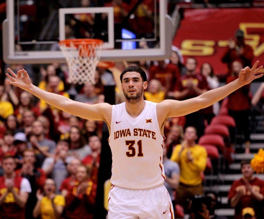 Georges+Niang+celebrates+after+connecting+on+a+3-pointer.+Niang+shot+1-of-2+from+beyond+the+arc+and+recorded+18+points+in+Iowa+States+88-78+victory+against+Southern+University+on+Dec.+14.%C2%A0