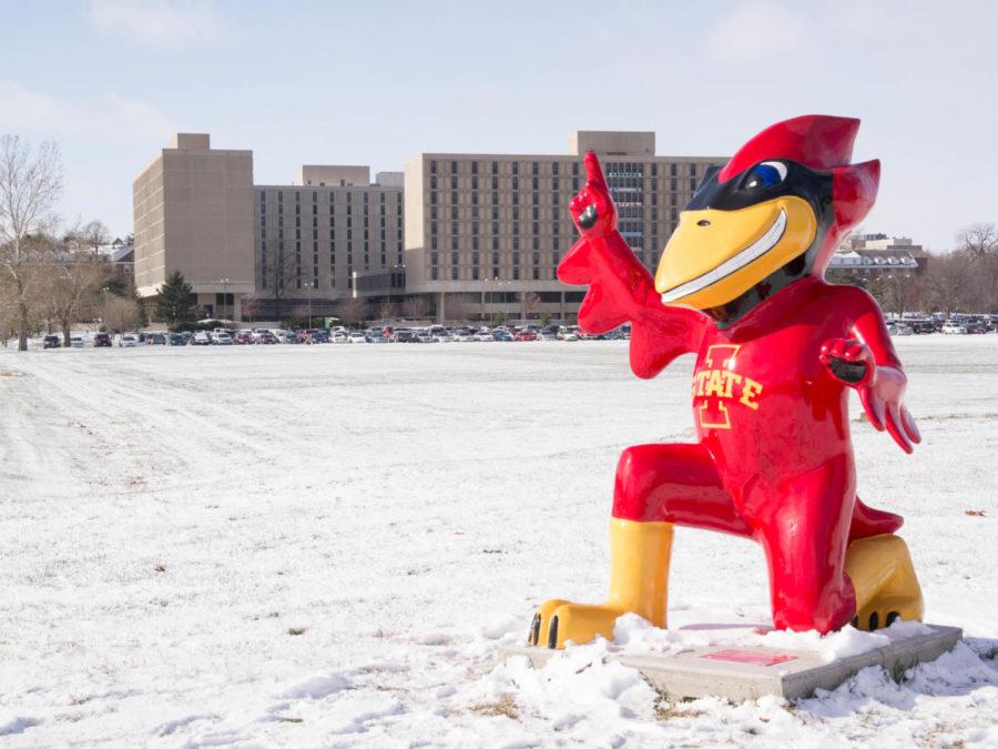 Cyclone Classic by Hilde DeBruyne Verhofste at Lincoln & University greets visitors to ISU. The auction of five Cy statues was announced by Leadership Ames Class XXVII with the Ames Chamber of Commerce. The minimum bid for each statue will be $1,000.