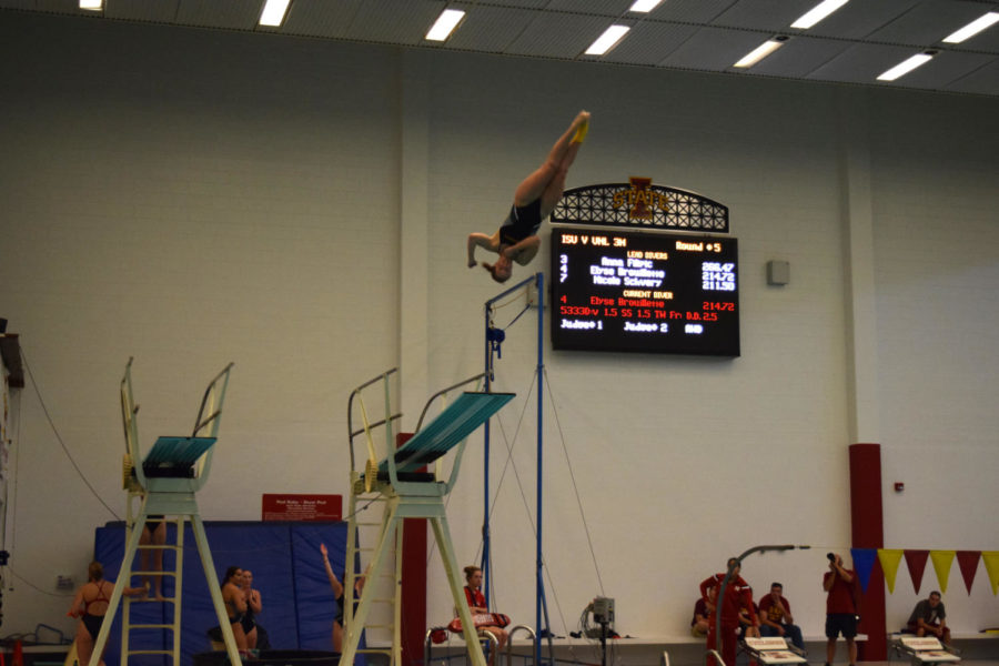 Elyse Brouillette dives in the three-meter competition Oct. 18 against Nebraska.