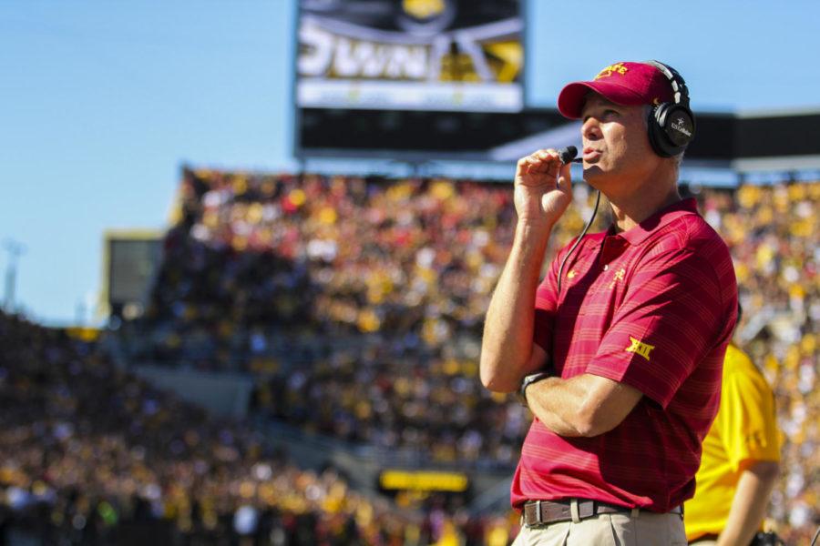 Coach+Paul+Rhoads+talks+into+his+mic+during+the+Iowa+Corn+CyHawk+Series+game+against+Iowa+on+Sept.+13%2C2014%2C+at+Kinnick+Stadium+in+Iowa+City.+The+Cyclones+defeated+the+Hawkeyes+20-17.