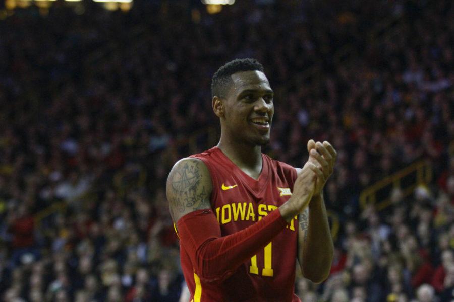 Sophomore guard Monte Morris celebrates an Iowa turnover on Dec. 12 at Carver-Hawkeye Arena. The Cyclones beat the Hawkeyes 90-75.