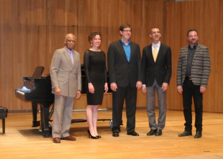 The judges stand with opera singers Bethany Hickman and Gerard DEmilio at the Iowa District Metropolitan Opera National Council Auditions. Of the 21 auditioning singers, Hickman and DEmilio are the only two singers advancing to the Ordway Center for the Performing Arts in St. Paul, Minnesota, on January 31, 2015. From left to right: George Shirley (judge), Bethany Hickman, Gerard DEmilio, Dan Novak (judge) and Richard Walters (judge). 