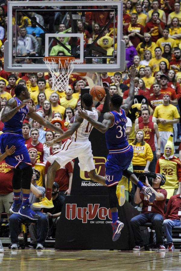 Sophomore guard Monté Morris goes up for a layup against Kansas on Jan. 17. The Cyclones defeated the Jayhawks 86-81.