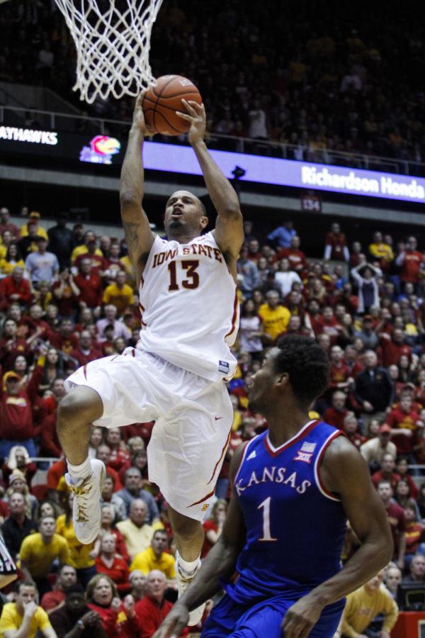 Senior guard Bryce Dejean-Jones attempts to dunk against Kansas on Jan. 17. The Cyclones defeated the Jayhawks 86-81.