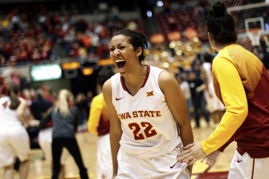 Senior guard Brynn Williamson celebrates with her teammates after upsetting No. 3 Texas on Jan. 10. Iowa State defeated the Longhorns 59-57.