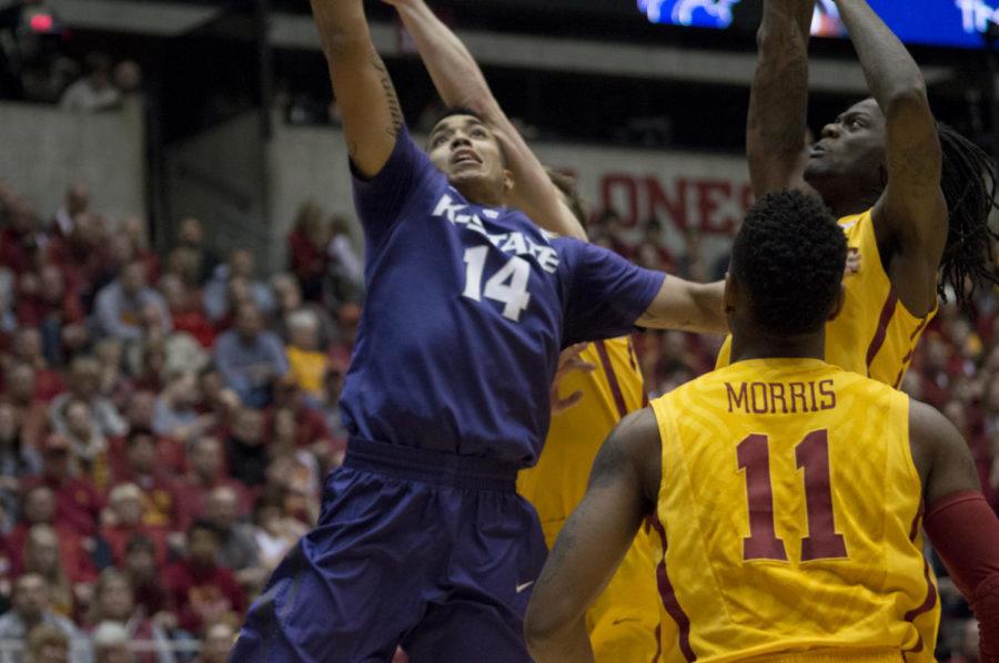 Justin Edwards, Kansas State player, shoots a layup during the Iowa State and Kansas State men's basketball game Jan. 20. Iowa State won the game 77-71.