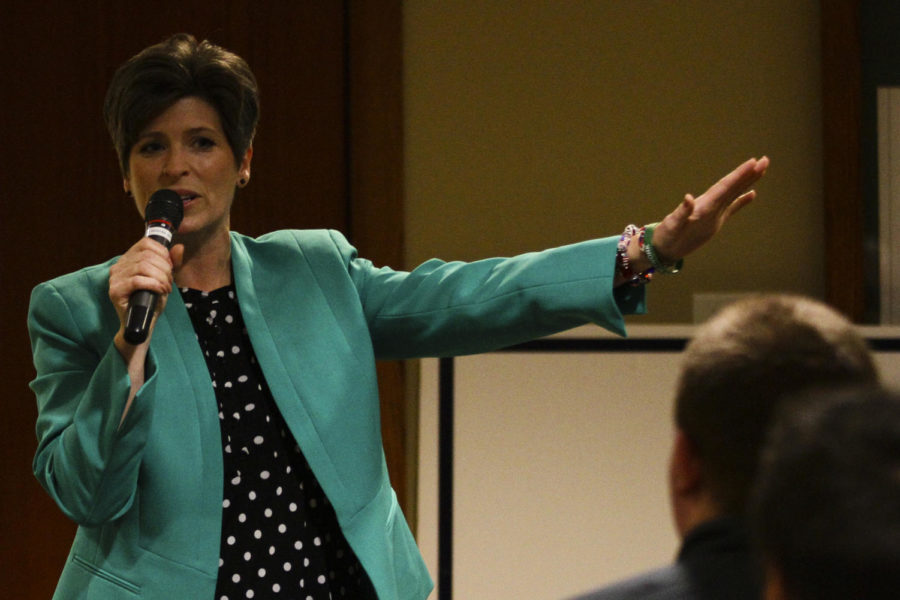 Joni Ernst, Republican nominee for U.S. Senate, visited Alpha Gamma Rho fraternity Nov. 3, 2014, during her 24-hour tour across Iowa.