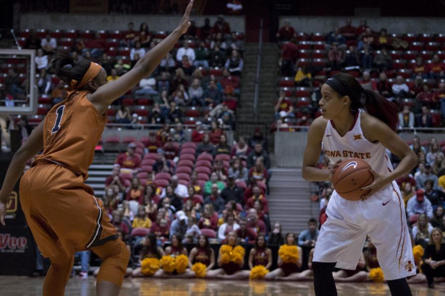 Senior+guard+Nikki+Moody+readies+herself+during+Iowa+States+matchup+against+Texas+on+Jan.+10.+The+Cyclones+won+the+game+59-57.