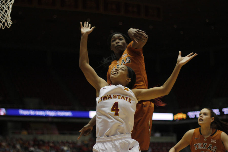 Senior guard Nikki Moody goes in for a layup as shes fouled during Iowa States matchup with Texas on Jan. 10. Moody scored 17 points with seven assists, helping Iowa State to its first win over an AP top-10 team since Feb. 4, 2009. Iowa State defeated the Longhorns 59-57.