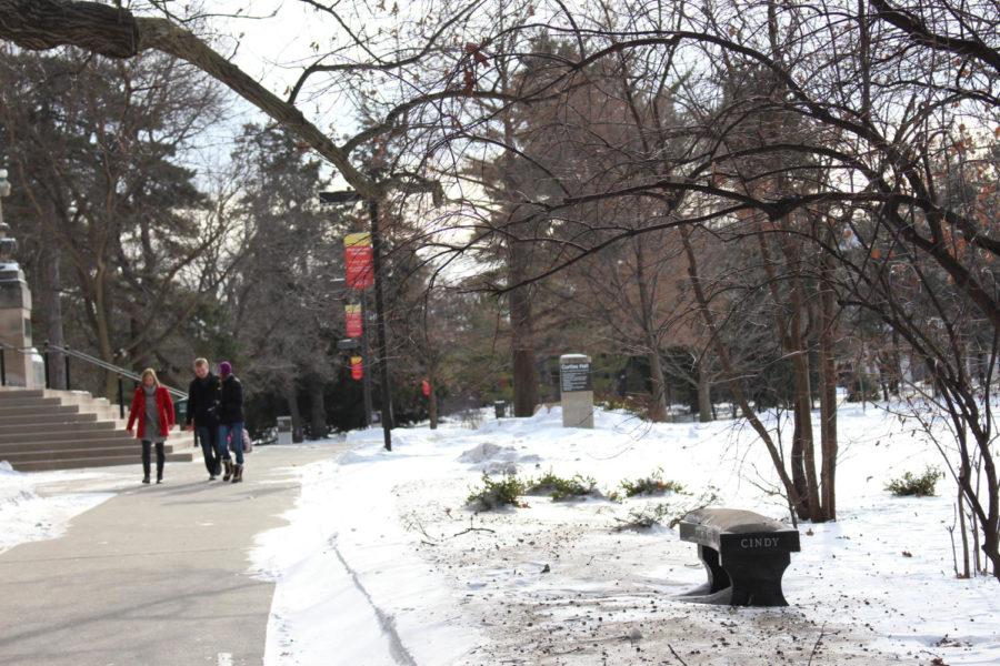 Classes at Iowa State are not cancelled often, but there are certain criteria for this occurrence to happen. Snow is one of the criteria, along with temperatures reaching unsafe lows. Students walk past Curtis Hall on Jan. 12, the first day back from Winter Break.