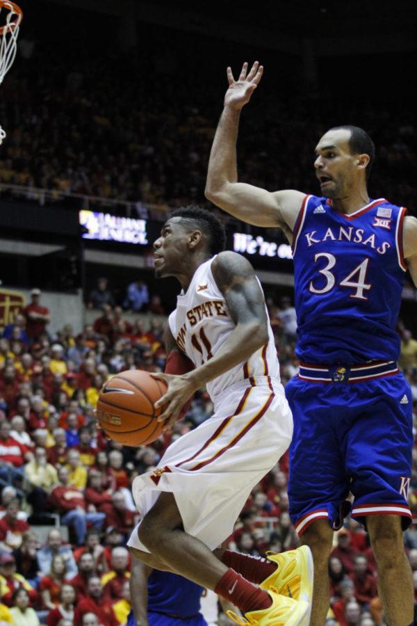Sophomore guard Monté Morris goes up for a shot against Kansas on Jan. 17. The Cyclones defeated the Jayhawks 86-81.