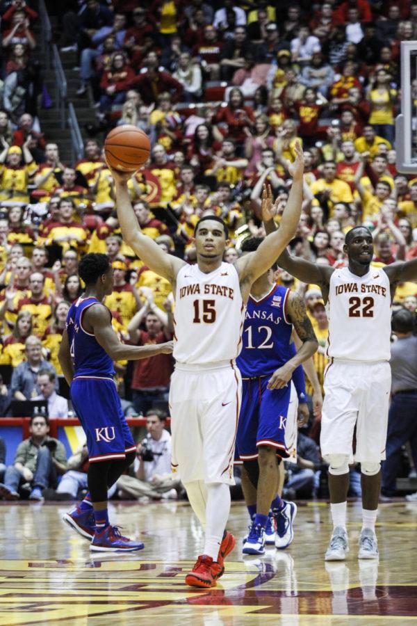 Junior guard Naz Long celebrates a Kansas foul in the final seconds of the game against Kansas on Jan. 17. The Cyclones defeated the Jayhawks 86-81.