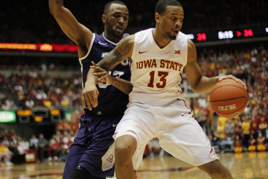 Senior guard Bryce Dejean-Jones moves the ball to the net during Iowa States matchup with Texas Christian on Jan. 31. Dejean-Jones finished with 16 points and two assists, helping the Cyclones defeat the Horned Frogs 83-66. Iowa State remains undefeated at Hilton Coliseum this season and improved its overall record to 16-4.