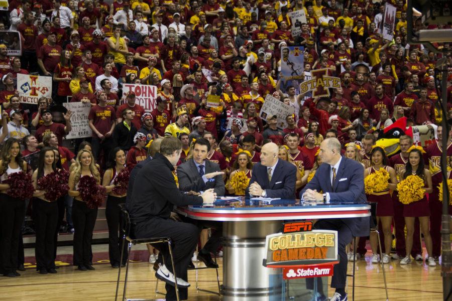 ISU men's basketball coach Fred Hoiberg talks with the ESPN College GameDay crew Jan. 17 at Hilton Coliseum.