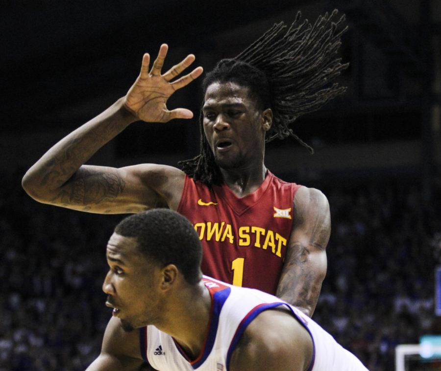 Redshirt junior Jameel McKay guards a KU player at Kansas on Feb. 2. The Cyclones fell to the Jayhawks 89-76. McKay had two blocks and one steal in the game.