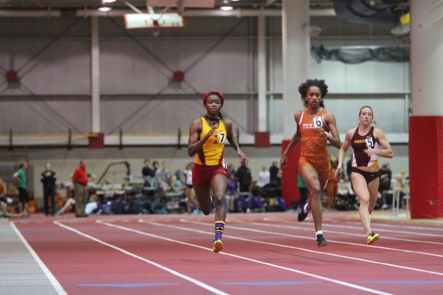 Kendra White, a junior from St. Louis, Mo., races on Feb. 1 at the Bill Bergan Invitational at Lied Recreation facility. White took third in the womens 400-meter dash with a time of 54.11.