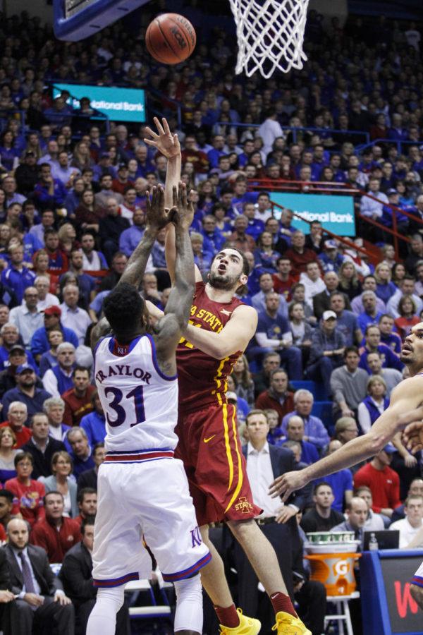 Junior forward Georges Niang attempts a shot against Kansas at Lawrence, Kan. on Feb. 2. The Cyclones fell to the Jayhawks in a heart-breaking 89-76 loss. Niang had 24 points for Iowa State.