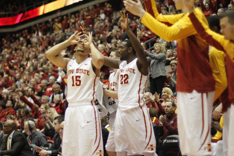 Iowa States bench celebrates after sinking a 3-pointer against West Virginia on Feb. 14. Iowa State is now 61-4 at Hilton Coliseum during the past four seasons, with a 21-game winning streak.