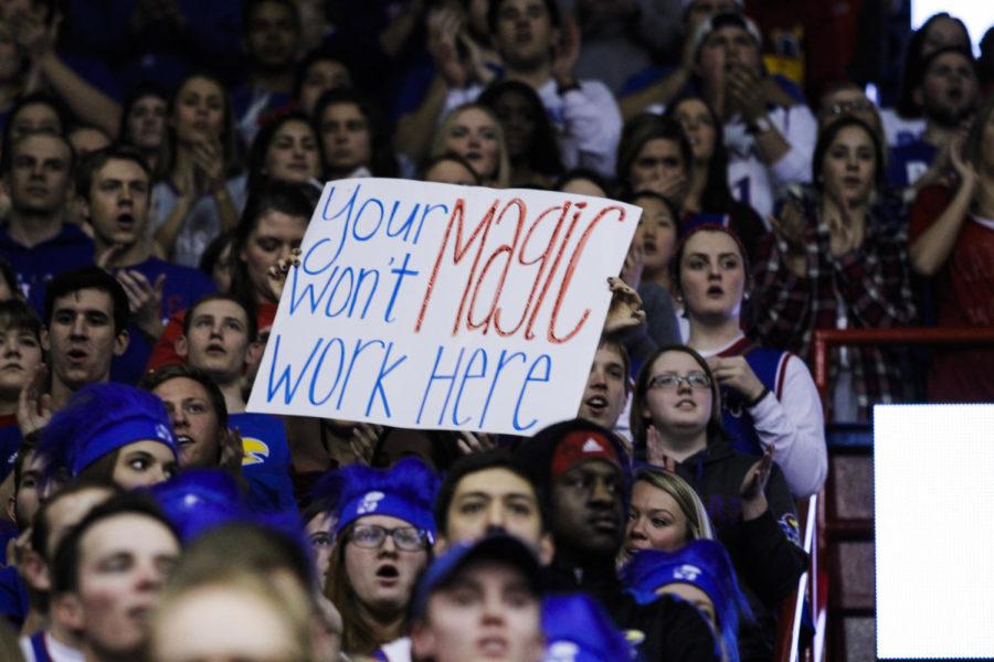 KU fans held signs referencing Hilton Magic during the game against Iowa State on Feb. 2 at Allen Fieldhouse in Lawrence, Kan. The Jayhawks defeated the Cyclones 89-76.