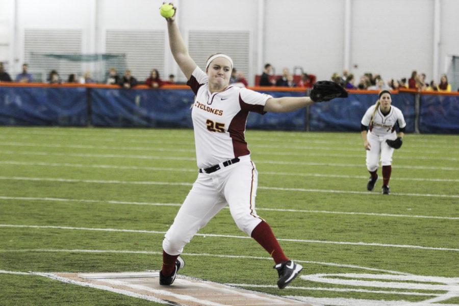 Sophomore Katie Johnson pitches against Utah State on Feb. 6 at Bergstrom Indoor Football Complex. Iowa State defeated Utah State 3-0 in the opener of the Cyclone Invitational.