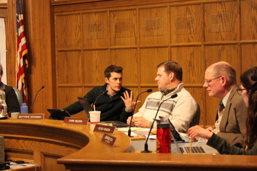 Matthew Goodman, at-large representative, argues his point during the discussion on possible changes to housing and rental ordinances at the City Council meeting Feb. 24.