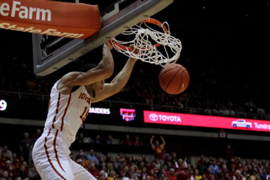 Sophomore guard Naz Long dunks the ball during the ISU men's basketball game against Texas Tech on Feb. 7, 2015. The Cyclones defeated the Red Raiders 75-38.