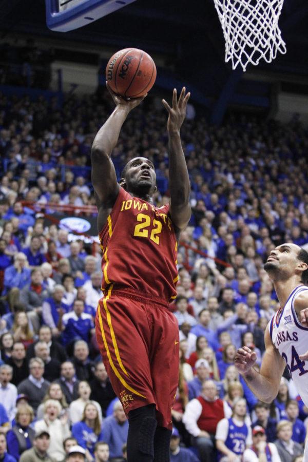 Senior forward Dustin Hogue goes up for a layup against Kansas on Feb. 2 in Lawrence, Kan. The Cyclones fell to the Jayhawks 89-76. Hogue had seven points for Iowa State.
