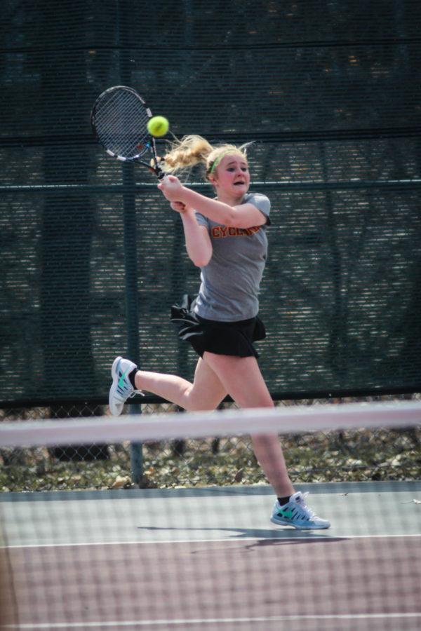 Freshman Talisa Merchiers returns a serve in game two of the second set of her singles womens match against Texas Tech at the Cyclones womens tennis meet on March 30. 